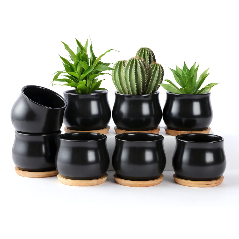 Shecipin 8-Pack Vetplantenpot, Matzwarte Mini 2,6 Inch Keramische Bloempot Met Bamboe Schaal, Kleine Potten Voor Planten, Planten Niet Inbegrepen-image