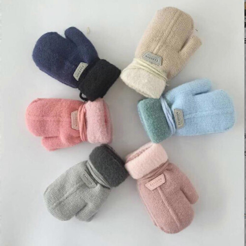 (M, Light Blue) Winter Solid Color Mittens Thicken Gloves Windproof Warm Plush Cute Gloves 2