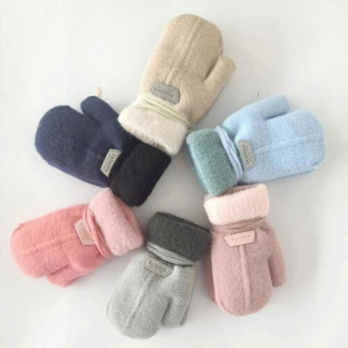 (M, Light Blue) Winter Solid Color Mittens Thicken Gloves Windproof Warm Plush Cute Gloves 1