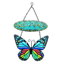 (Yellow, One size) Wrought Iron Butterfly Welcome Sign Wall Art Decor Hanging Plaque Ornament for Farmhouse Garden Front Door Decoration