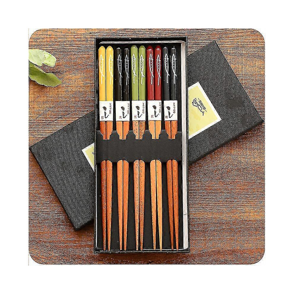 (As show, One size) 5 Pairs Bamboo Ecological Chopsticks Handmade Wood Wooden Sushi Chopsticks Lucky Cat Cherry Blossoms Chopsticks Multiple Styles Fish