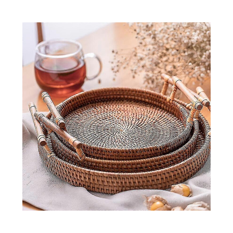 (As show, One size) Rattan Handwoven Round Severing Tray Food Storage Platters Plate For Breakfast Drink Snack 28cm