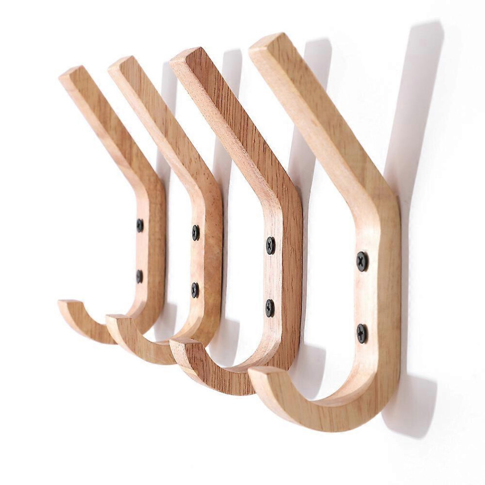 (As show, One size) 4 Pieces Rubber Wood Wall Hooks Coat Hooks Double Hook Coat Racks, 16 x 6 x 2.5 cm