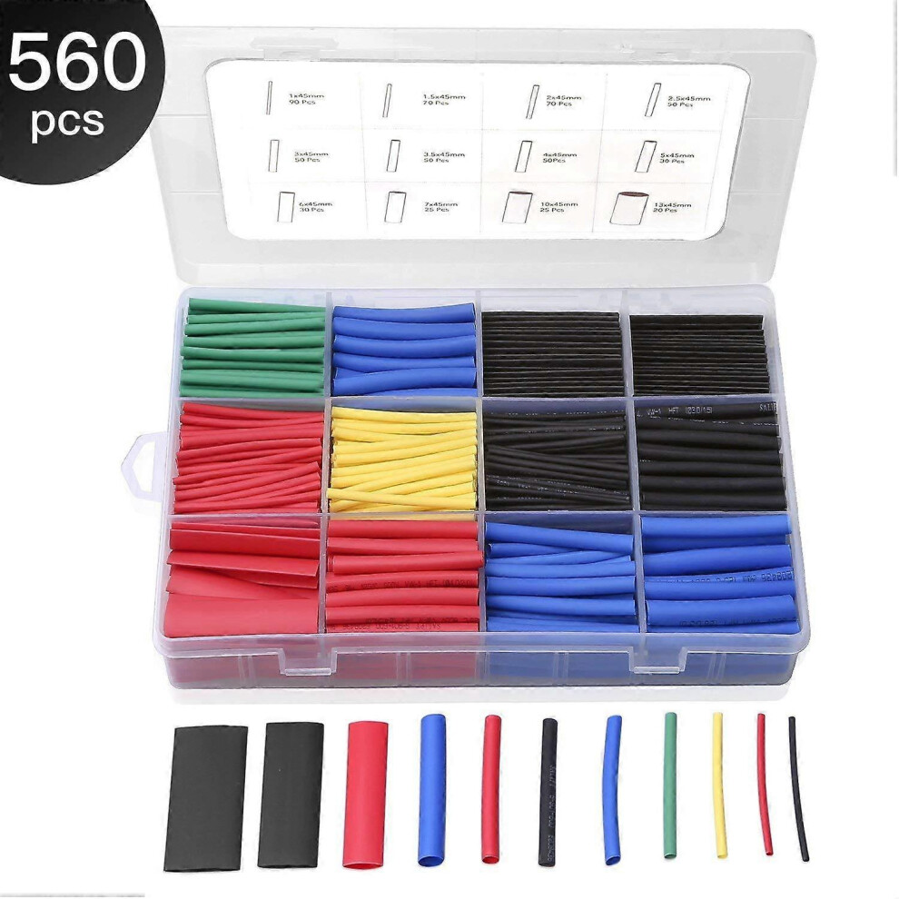 (As show, One size) 560PCS Heat Shrink Tubing 2:1, Electrical Wire Cable Wrap Assortment Electric Insulation Heat Shrink Tube Kit with Box