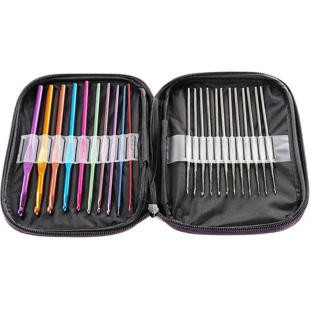 (As show, One size) Mixed Lot of 22pcs Multicolored Aluminum & Steel Crochet Hooks Knitting Needles in Pouch