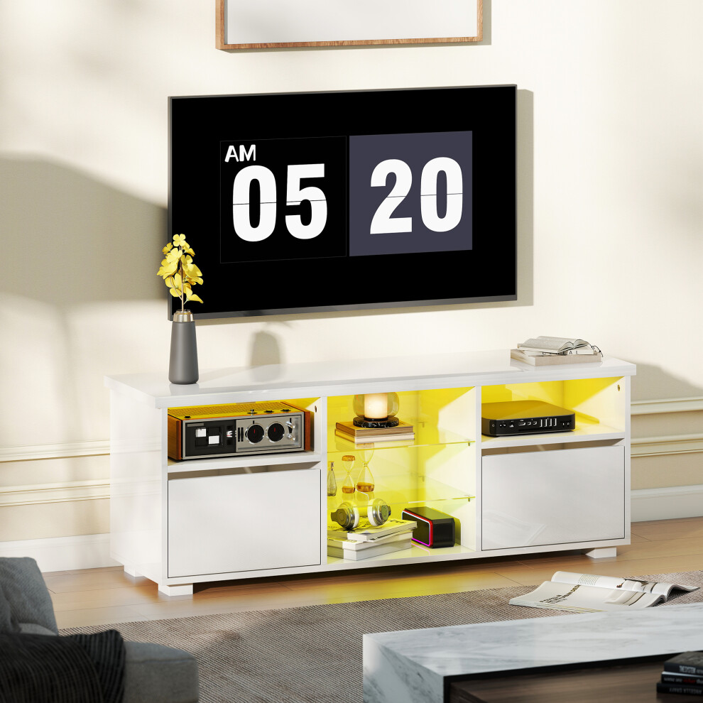 HOMCOM High Gloss TV Stand Cabinet with LED Lights for Living Room, White