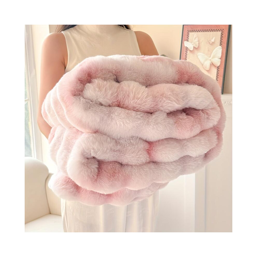 (Pink, 200x230cm) Ultra-Soft Faux Rabbit Fur Throw Blanket - Cozy, Warm, and Luxurious for Couch, Bed, Office, and Travel - Geometric Pattern in White