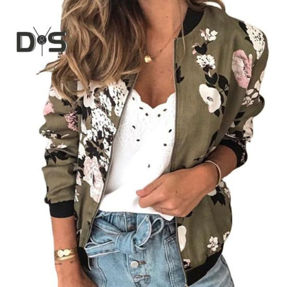 (army green, 2XL) Fall Spring Lady Coat Floral Print Cardigan Zip-up Long Sleeves Elastic Cuff Stand Collar Cardigan Daily Wear Commuting Jacket