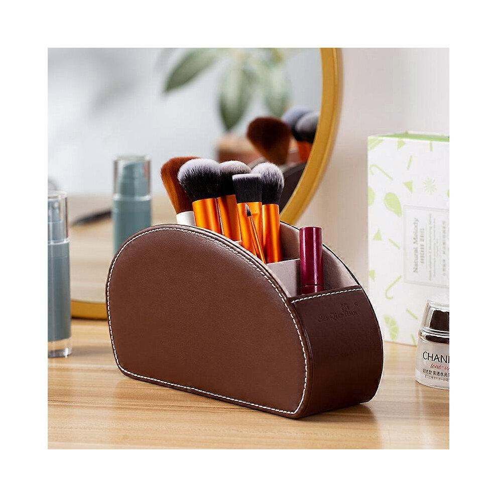 (As show, One size) Leather TV Remote Desk Organizer with 5 Compartments Brown 21.5*7*11.5cm