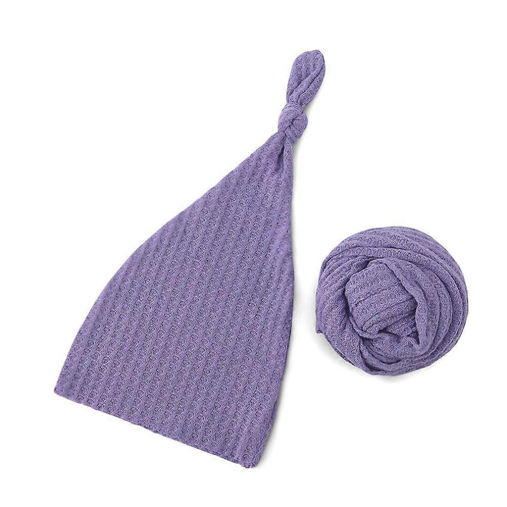 (As show, One size) Baby Newborn Photography Props Blanket Wrap Stretch Wrap Newborn Photo Blanket, Baby Photography Hat (Light Purple)