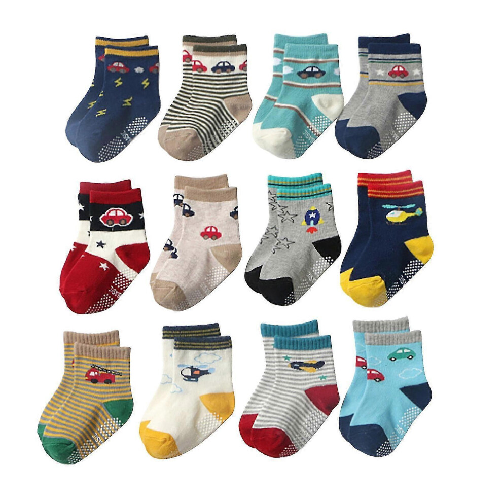 (As show, One size) 12pcs Cartoon Cozy Cotton Children's Socks Wild Baby Non-slip Socks - L