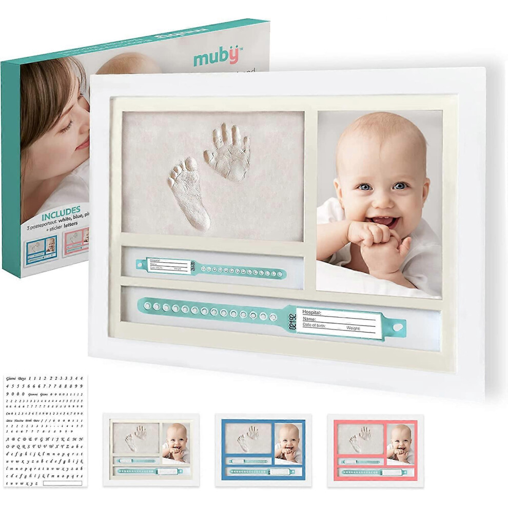 (As show, One size) Photo Frame Kit and Birth Bracelet Holder with Baby Footprints and Handprints, Birth Boy Box and Baby Room Decoration.