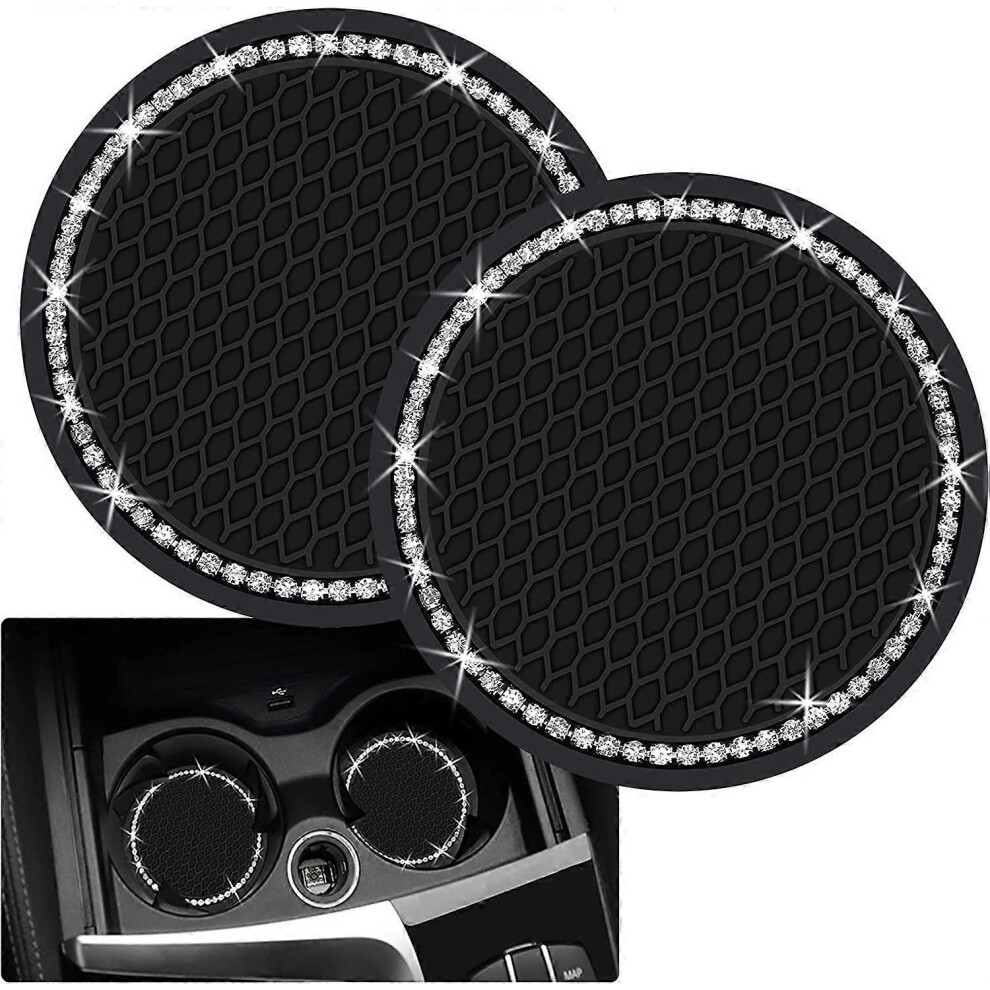 (As show, One size) 2PCS Bling Car Cup Coaster, 2.75 Inch Auto Car Cup Holder Insert Coasters Silicone Anti-Slip Crystal Rhinestone Drink Car Cup Mat,