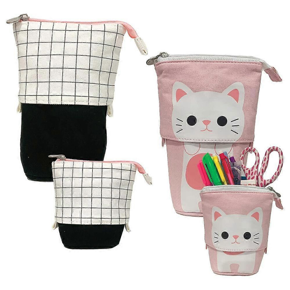(As show, One size) 2 Pack Standing, Telescopic Pencil Case with Zipper, Washable Canvas Pen Holder with Cute Kawaii Cartoon Designs for Stationary, S
