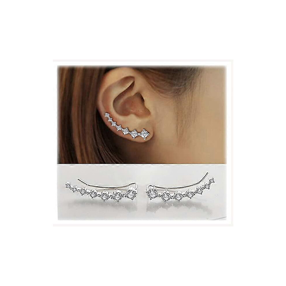 (As show, One size) Hypoallergenic Climber Stud Earrings 7 Crystals 925 Sterling Silver Hypoallergenic Crystal Jewelry