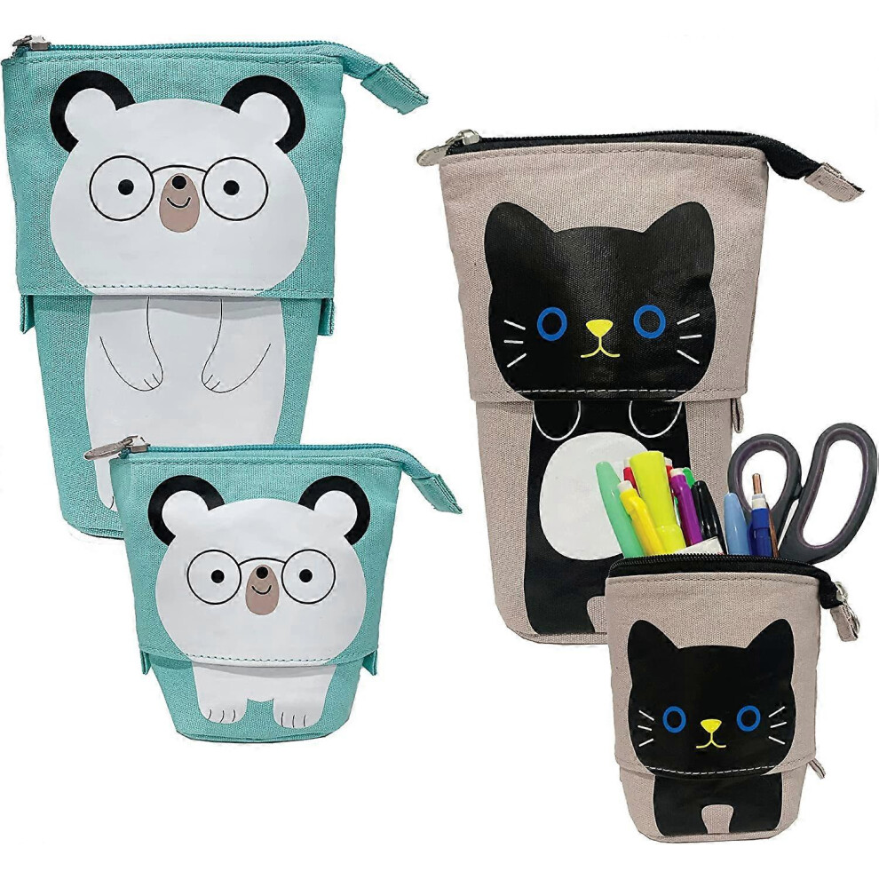 (As show, One size) 2 Pack Standing, Telescopic Pencil Case with Zipper, Washable Canvas Pen Holder with Cute Kawaii Cartoon Designs for Stationary, S