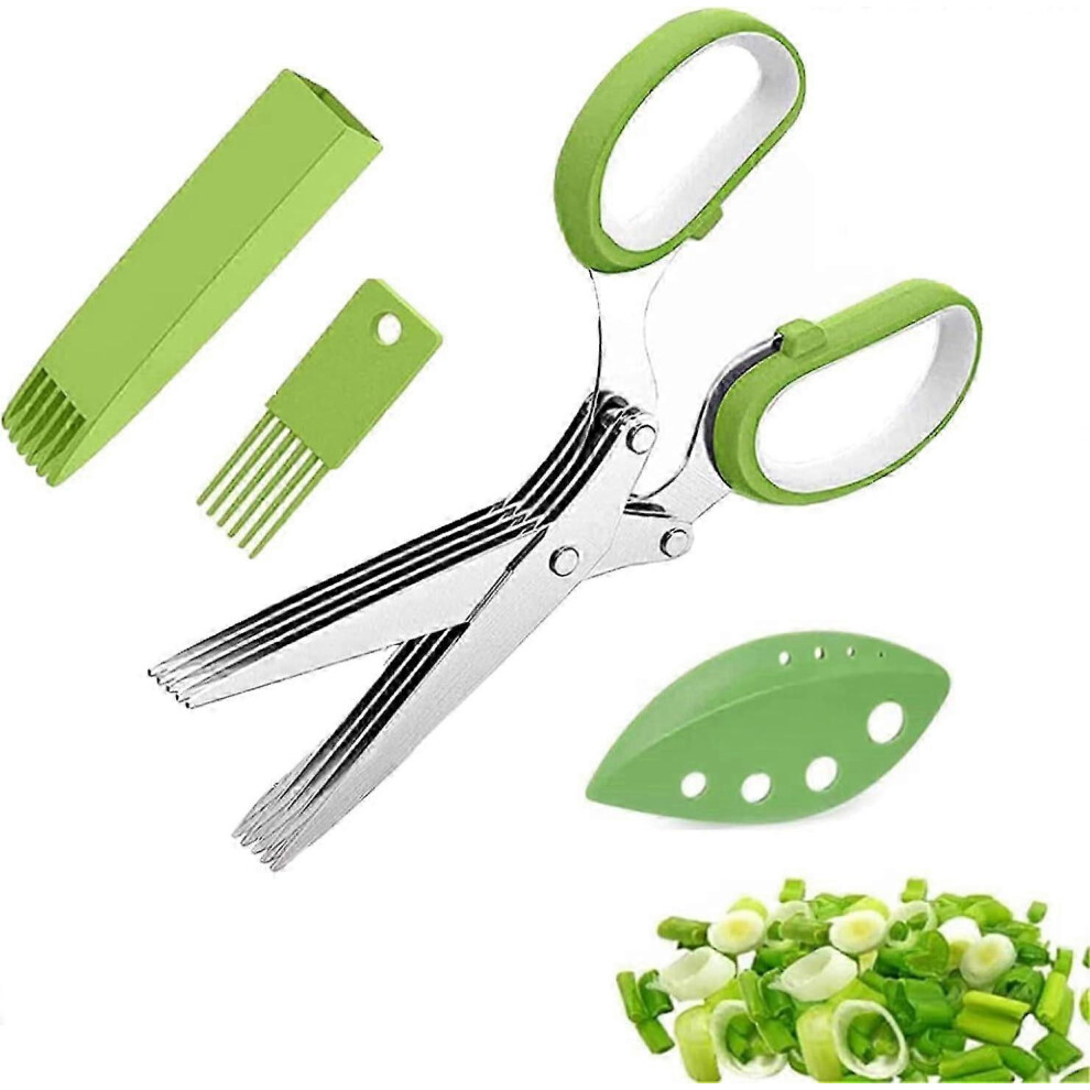(As show, One size) Herb Scissors Set - 5-Blade Multi-Purpose Stainless Steel Scissors with Cleaning Brush Comb and Knife Cover (Green)-image-OPC-PHPQFYJ-NEW
