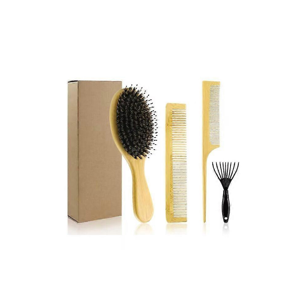 (As show, One size) Set of 4 Boar Bristle Brushes with Bamboo Handle Professional Blow Drying Brush and Carbon Tail Comb Excellent bristles for shiny,