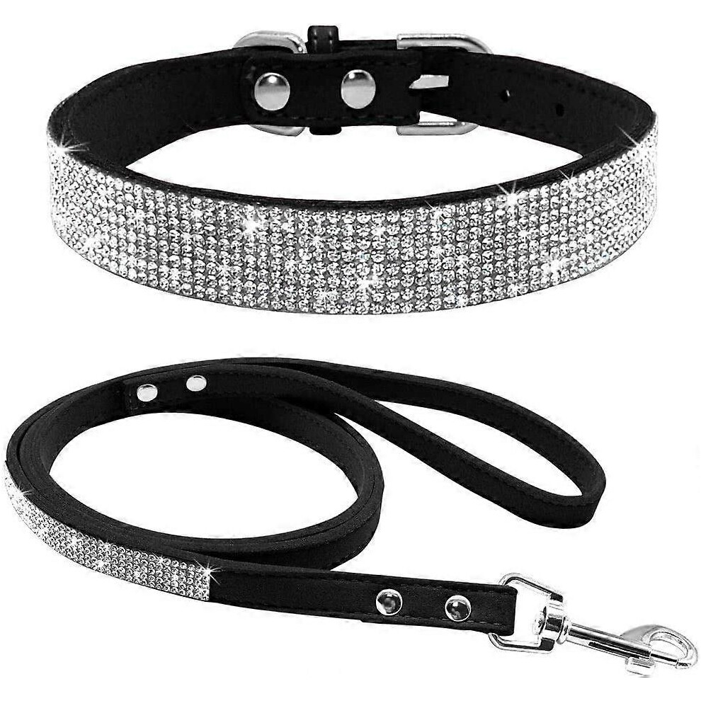 (As show, One size) Cute Dazzling Sparkling Elegant Fancy Soft Suede Leather Bling Rhinestone Crystal Jeweled Pet Cat Dog Puppy Collar Dog Leash Combo