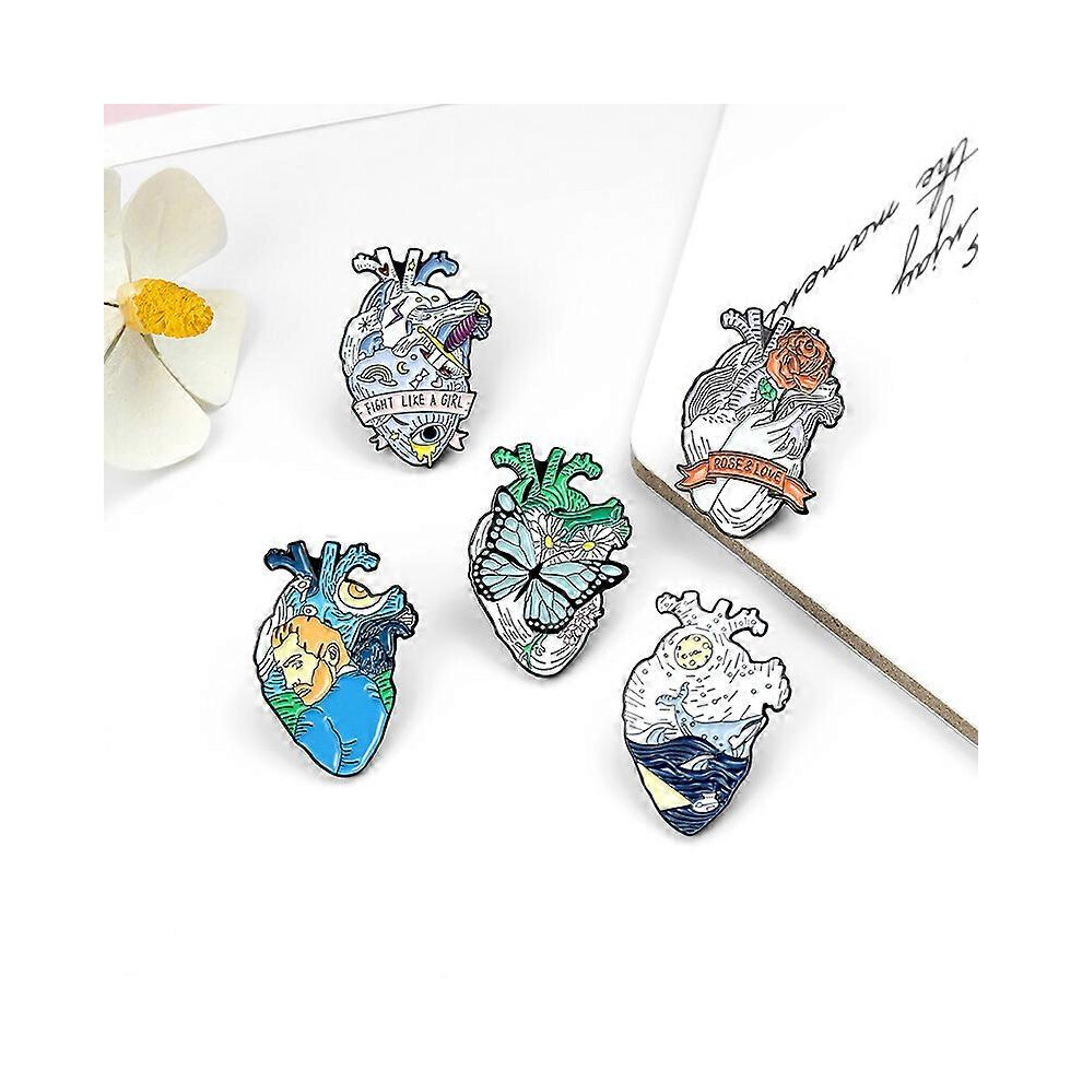 (As show, One size) 5 Pcs Fashion Enamel Pin Set Anatomical Heart Brooch Pins with Various Novel Designs Artistic Lapel Pins Accessory for Backpacks B