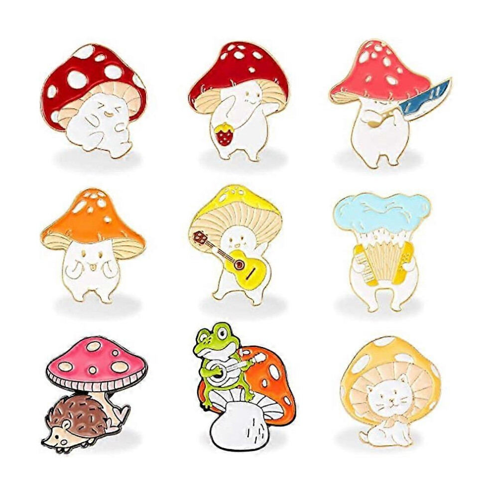 (As show, One size) 9 Pieces Mushroom Enamel Pin Brooches Mushroom Brooches Cute Cartoon Mushroom Gift Alloy Brooch Guitar Cat Frog Hedgehog Cartoon P