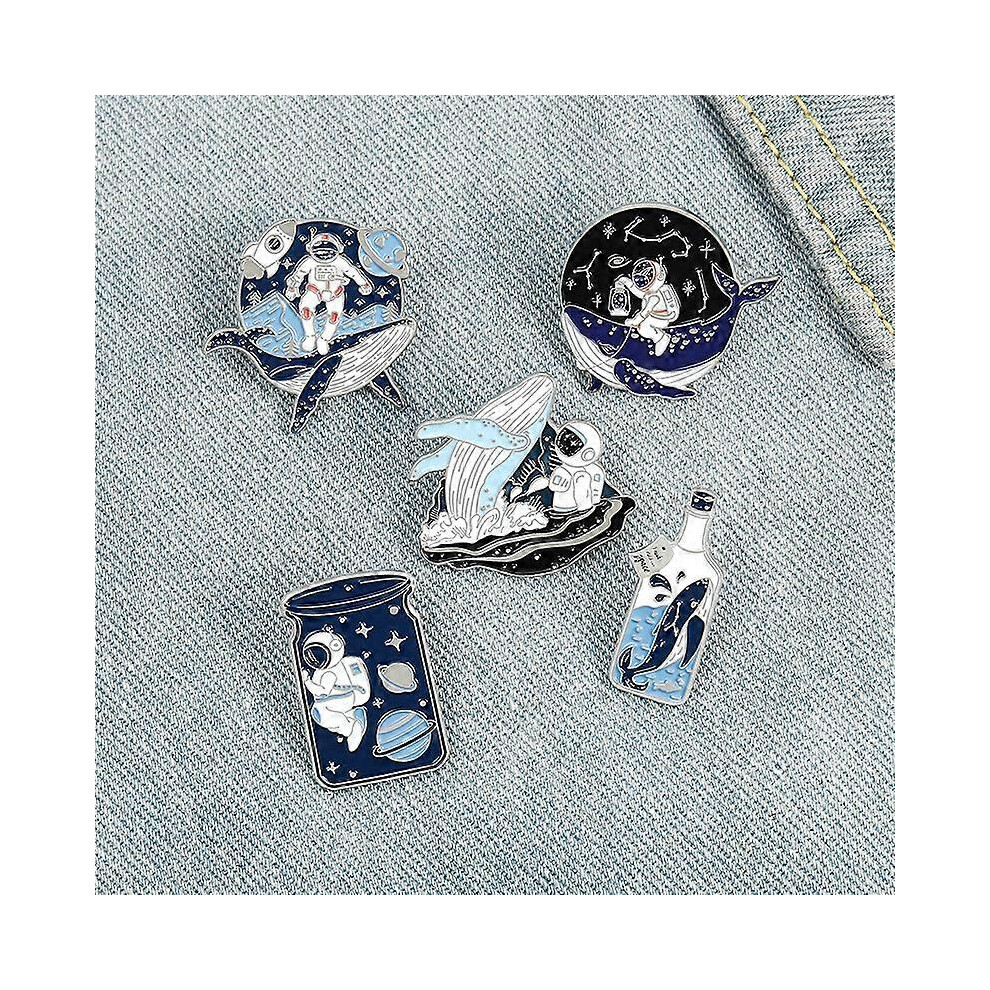 (As show, One size) Cute brooch cartoon whale astronaut drift bottle badge brooch, Brooch Cool Enamel Pins Black Art Set for Jacket Backpack Hat Pant Accessories, 5 Packs