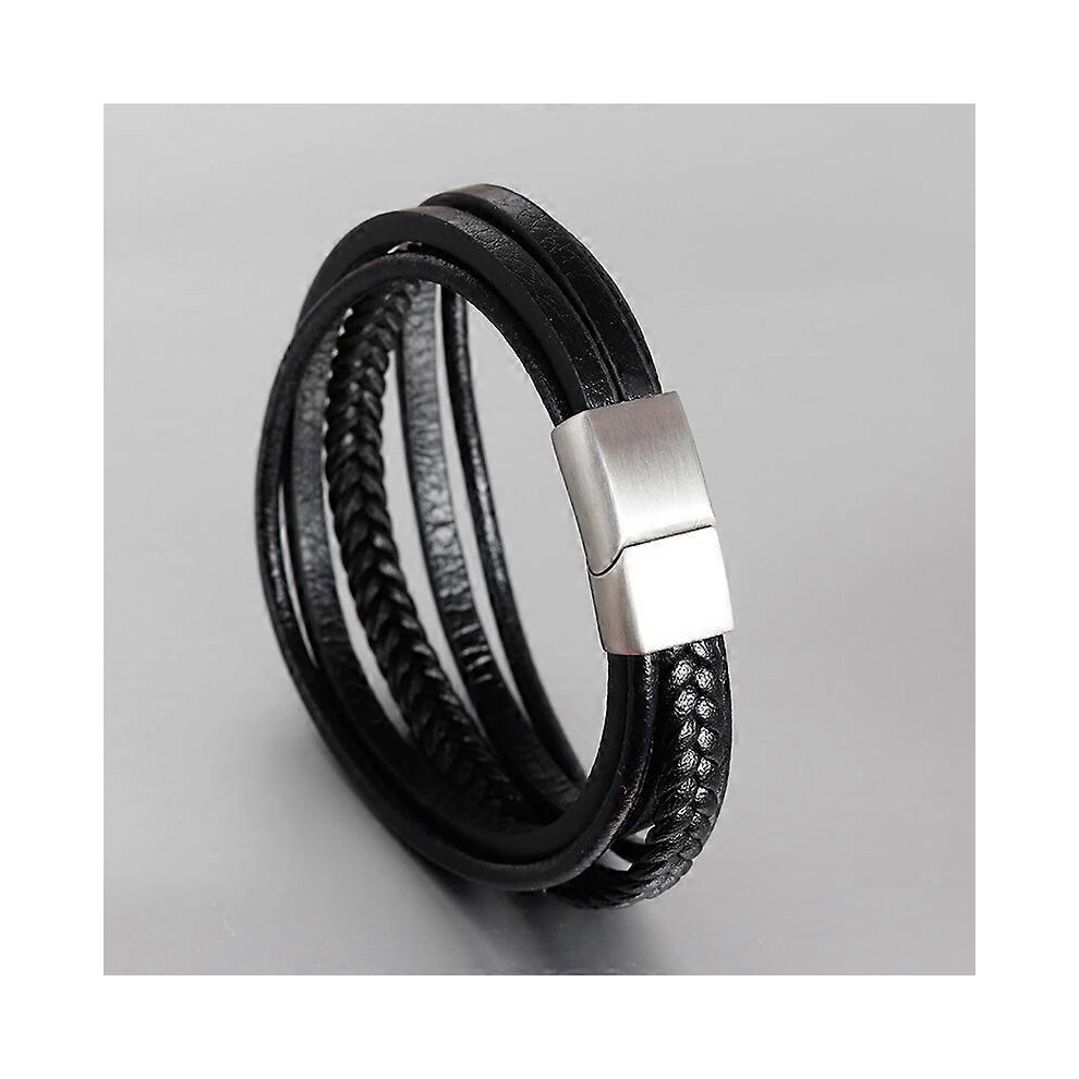 (As Show, One Size) Bracelet Homme Cuir Et Bracelet Acier Inoxydable Multi Tress Ajustable Bracelet Cuir Homme Noir Black