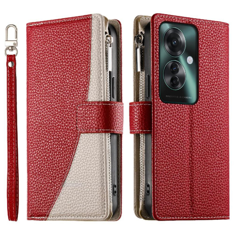 (Red) Flip Case For Oppo Reno 11F 5G Wallet Card Slots Leather Case Elegant Red 764563663330