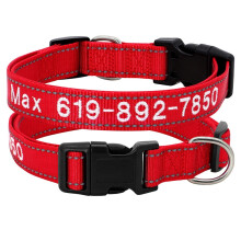 (Red, M:12-19"(30-47cm)) Personalised Reflective Nylon Dog Collar Embroidered Custom ID Name Phone Number