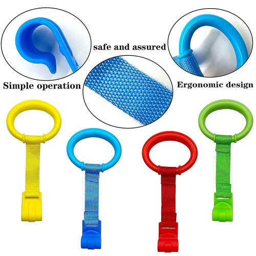 (As show, One size) 4pcs Crib Pull Ring, 4 Colors Crib Standing Pull Ring Crib Hanging Ring Walking Assistant Standing Pull Ring, Suitable For Infant Baby Toddler 1