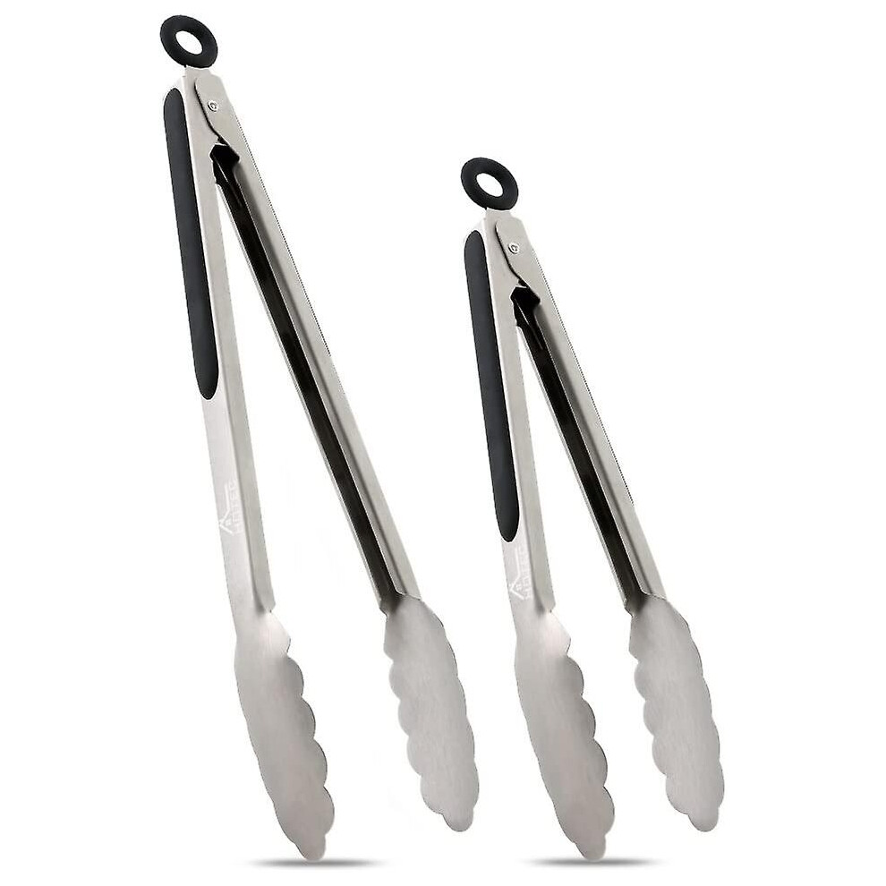 (As show, One size) Stainless Steel Kitchen Tongs 2-piece Set - 9" And 12", Locking Metal Food Tongs With Non-slip Handles