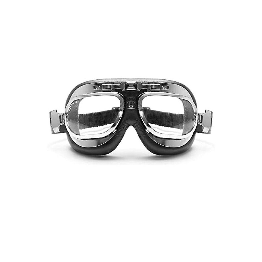 (As show, One size) Vintage Aviator Motorcycle Goggles - Anti Fog Lenses - 60's Style - Chrome Steel (black)