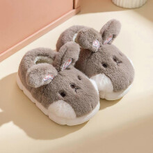 (As show, One size) Winter Warm Furry Bunny Slippers 210(Gray), Rabbit Shoes for Kids Cute Comfortable Fluffy Animal Slippers, Home Thick Sole Girls Cotton Shoes