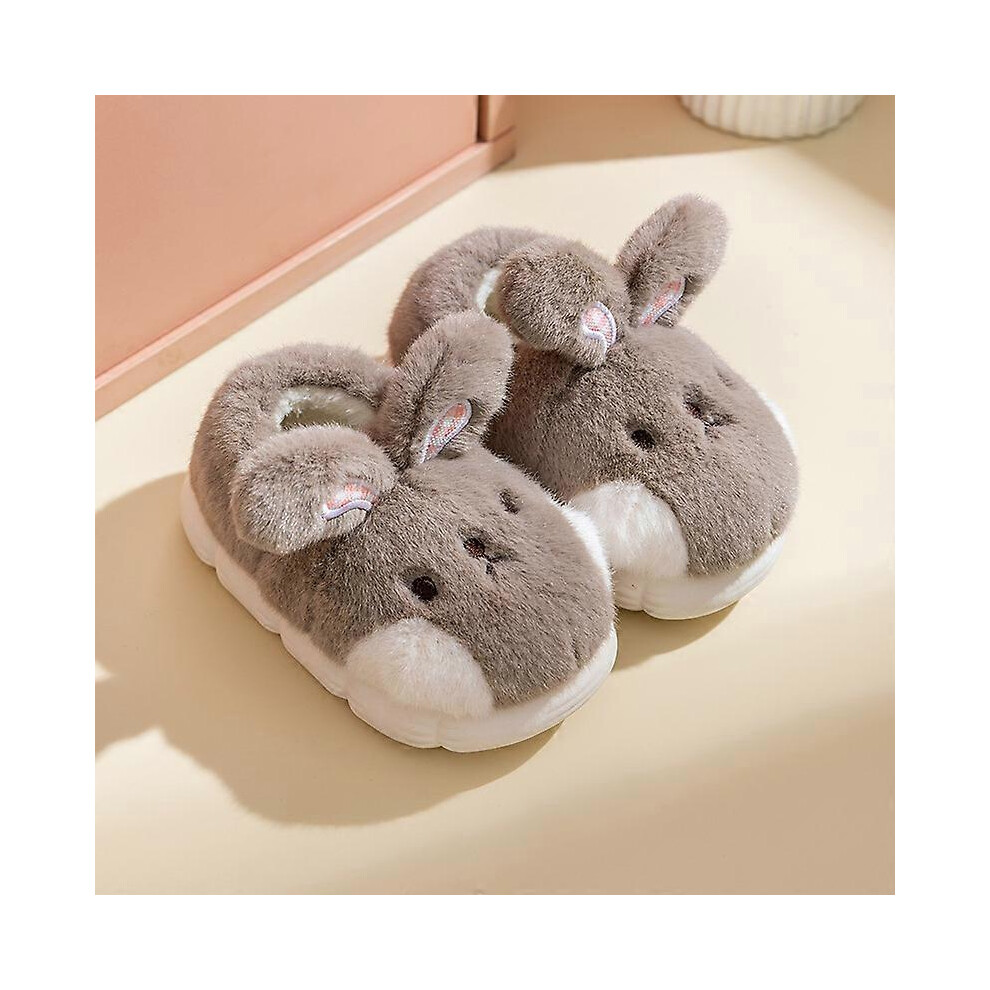 (As show, One size) Winter Warm Furry Bunny Slippers 210(Gray), Rabbit Shoes for Kids Cute Comfortable Fluffy Animal Slippers, Home Thick Sole Girls Cotton Shoes