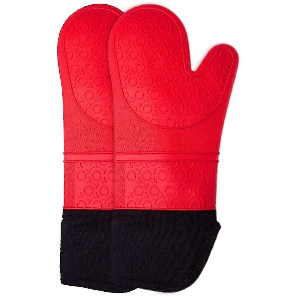 (As show, One size) Oven Gloves Heat Resistant Silicone Oven Gloves Extra Long Non-Slip Oven Mitts, 38 * 18.5cm, Wrist Width 14cm(Red, 1 Pair)