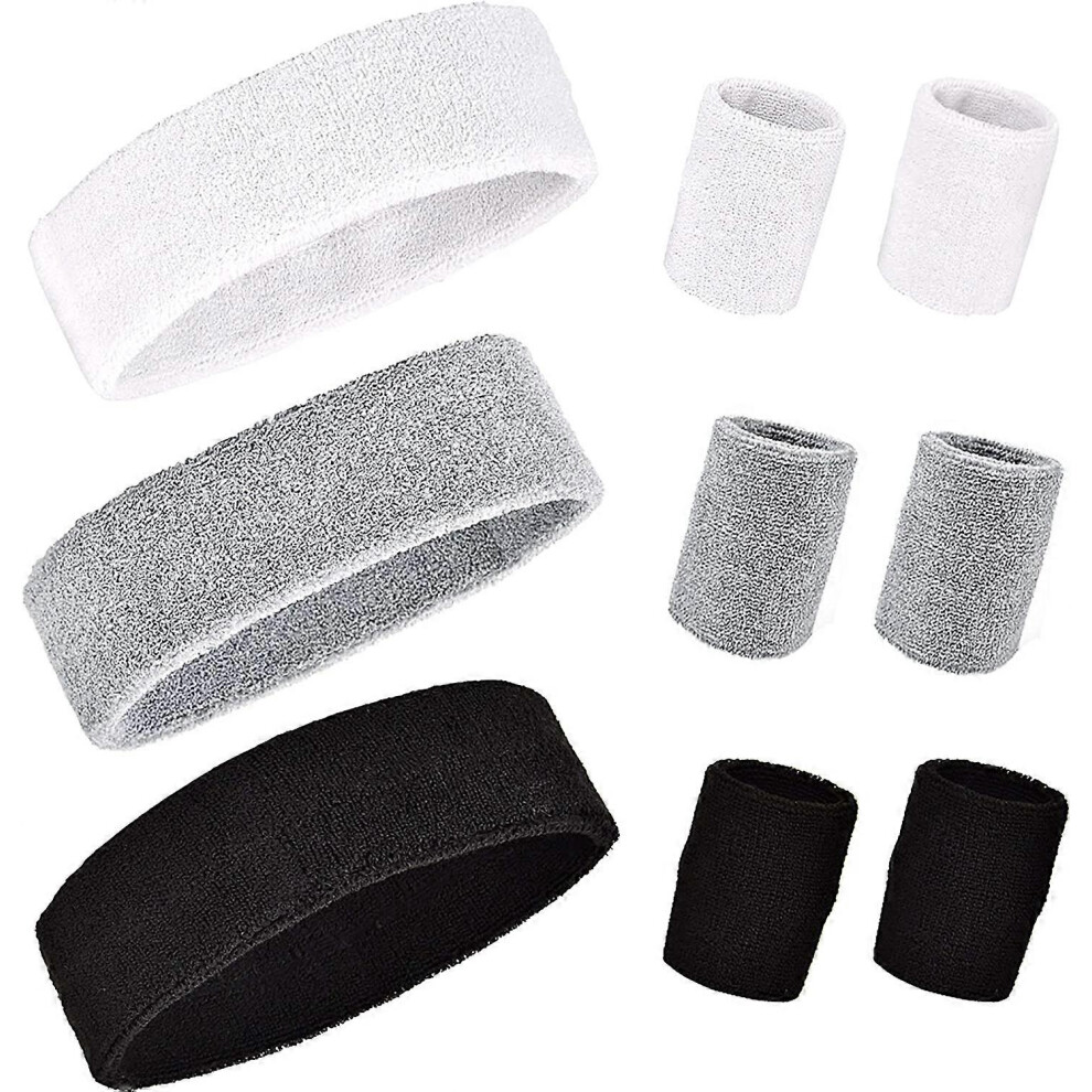 (As show, One size) Headband and Wristband Set, 3 Pieces Sport Headband, 6 Pieces Sweatband for Men and Women (Black+White+Gray)