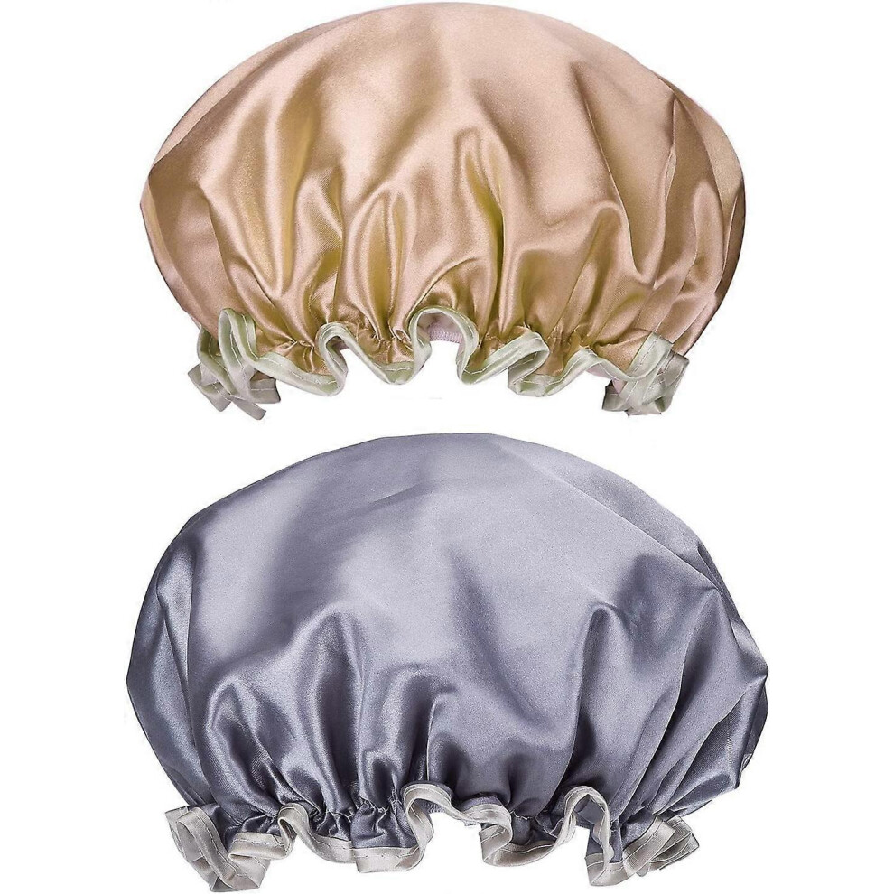 (As show, One size) 2 Pack Women Bathing Cap Reusable Double Layer Water Hat Shower Waterproof Elastic Caps for Ladies Spa Salon(gold+grey)