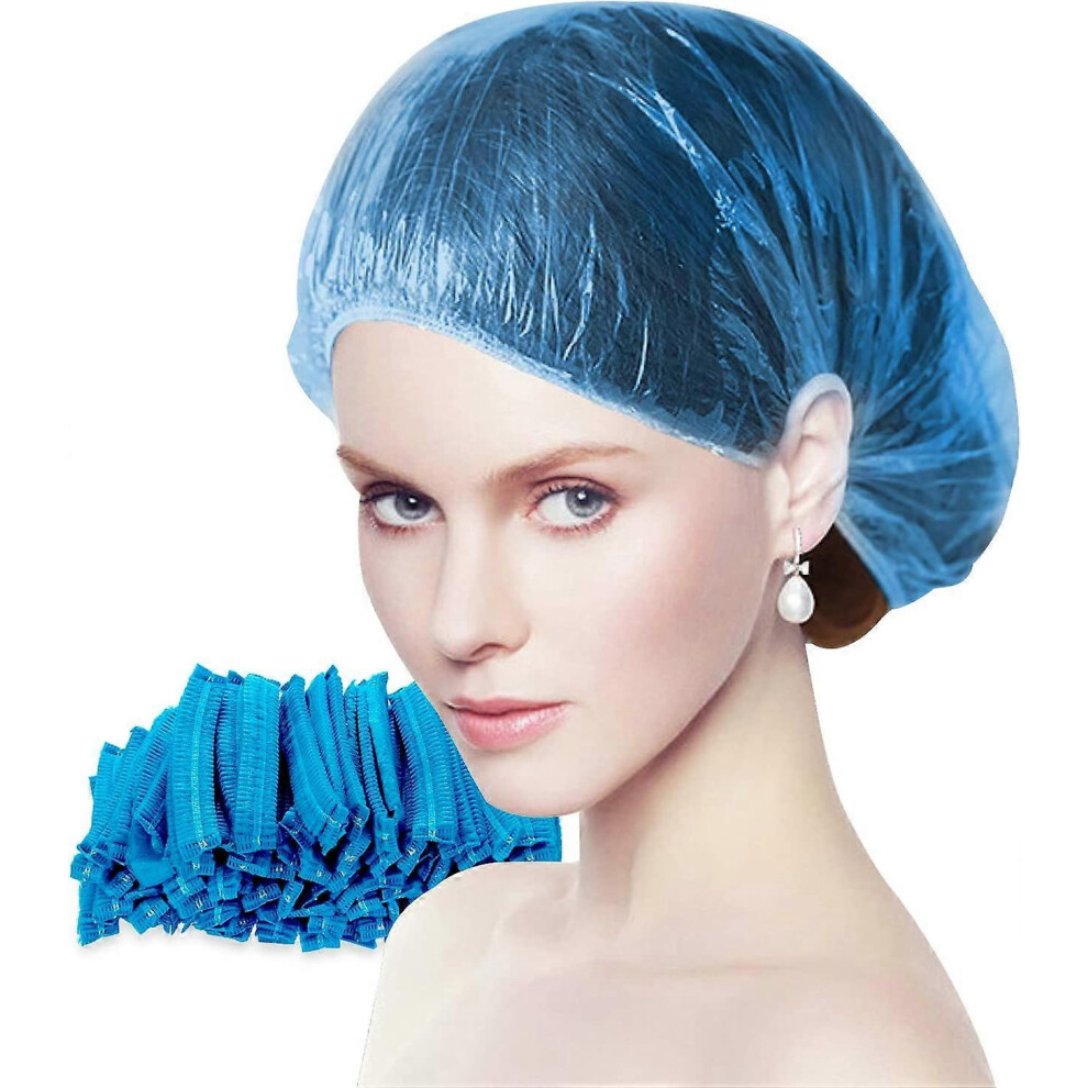 (As show, One size) Large Disposable Transparent Plastic Shower Cap for Home, Hotel, Spa, Hair Salon and Workshop Use 100 PiecesBlue