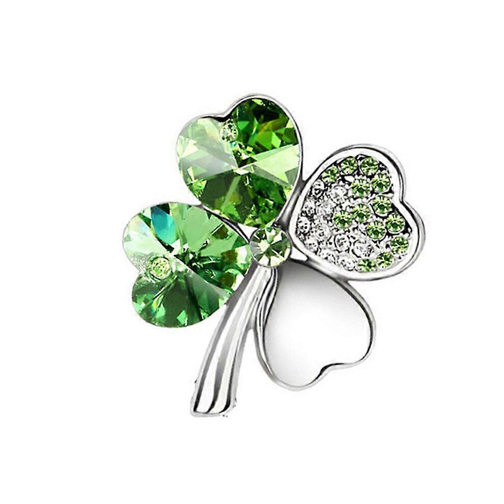 (As show, One size) Four Leaf Clover Brooch for Women in Silver Plated with Micro Pave 3A Zircons and Austrian Crystal, Brings Good Luck