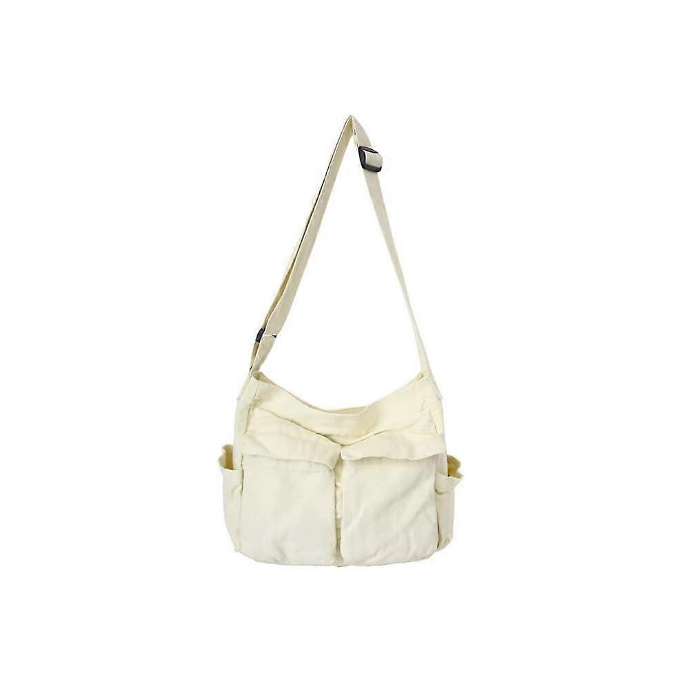 (As show, One size) Canvas Backpack Large Capacity Bag Multifunctional Shoulder Bag Retro Crossover Girls School Bag White