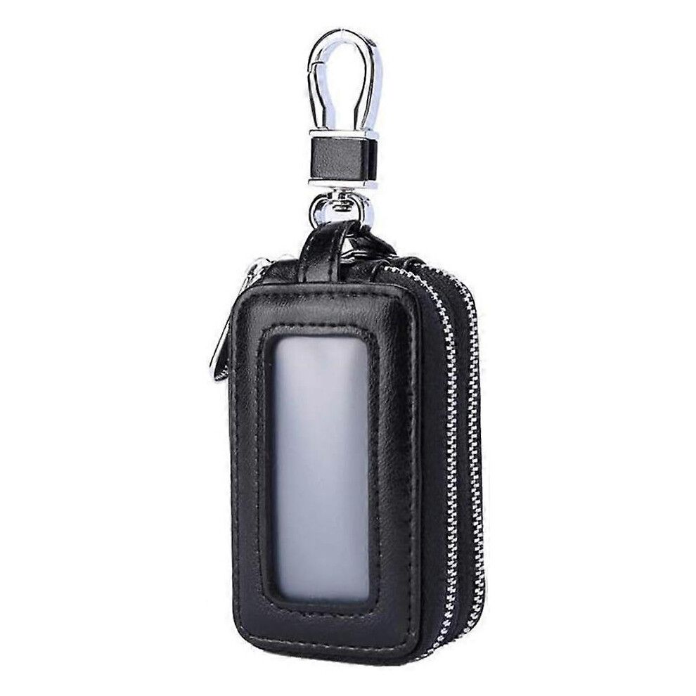 (As show, One size) Leather double zip car key case pouch to protect keys Black key holder with transparent window for remote car keys
