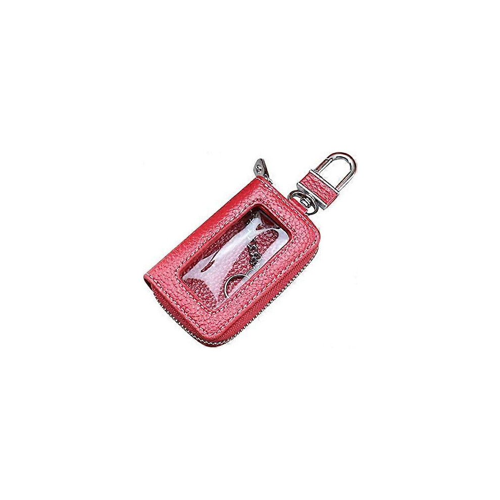 (As show, One size) Car keychain bag (red), cowhide keychain wallet keychain lychee pattern transparent window keychain wallet