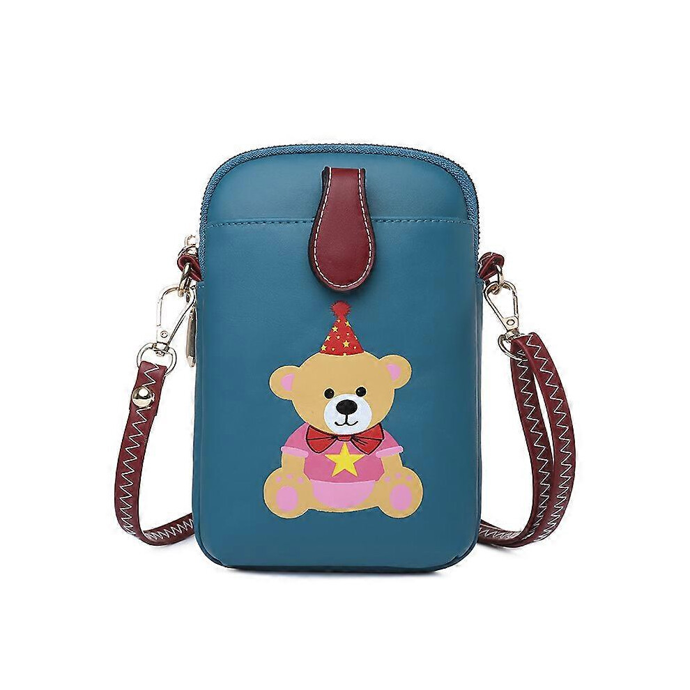 (As show, One size) Cute birthday bear crossbody bag (blue), mobile phone kangaroo pattern soft PU leather mini crossbody bag as a gift for young girls