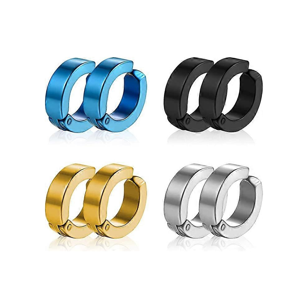(As show, One size) 8 pieces of non perforated titanium steel earrings with ear clips for men and women, hip hop earrings in 4 colors