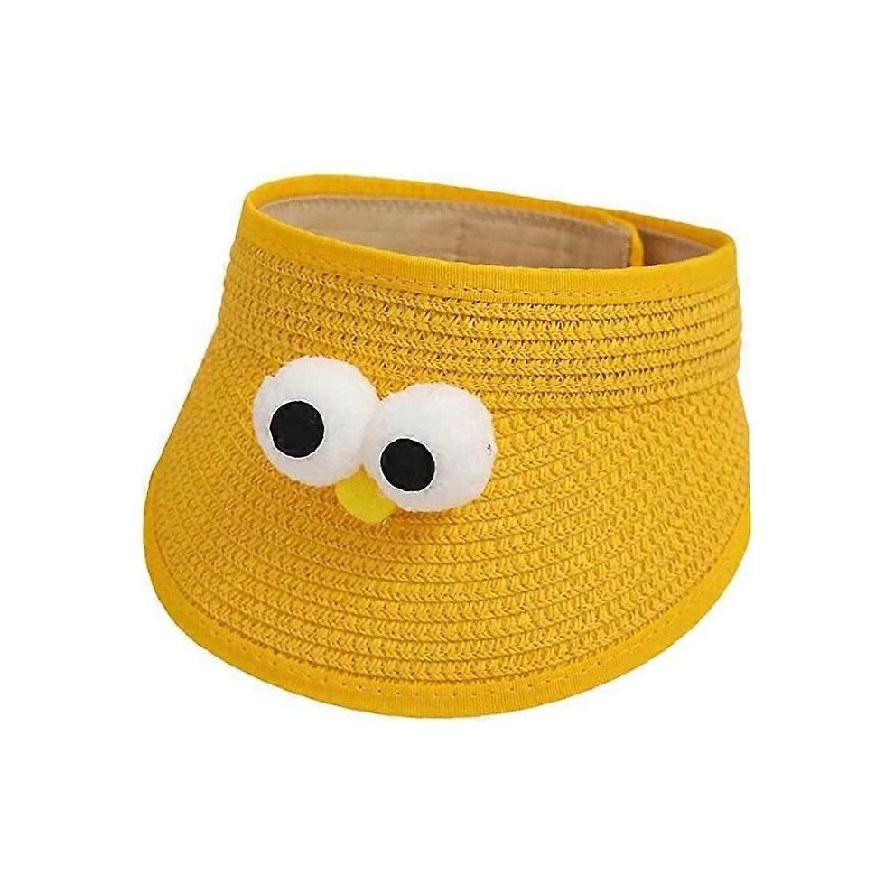 (As show, One size) Children's large eyed straw hat (yellow, adjustable 44-50cm), baby girl boy children's sun visor, sun visor, cute cartoon soft hat, beach hat