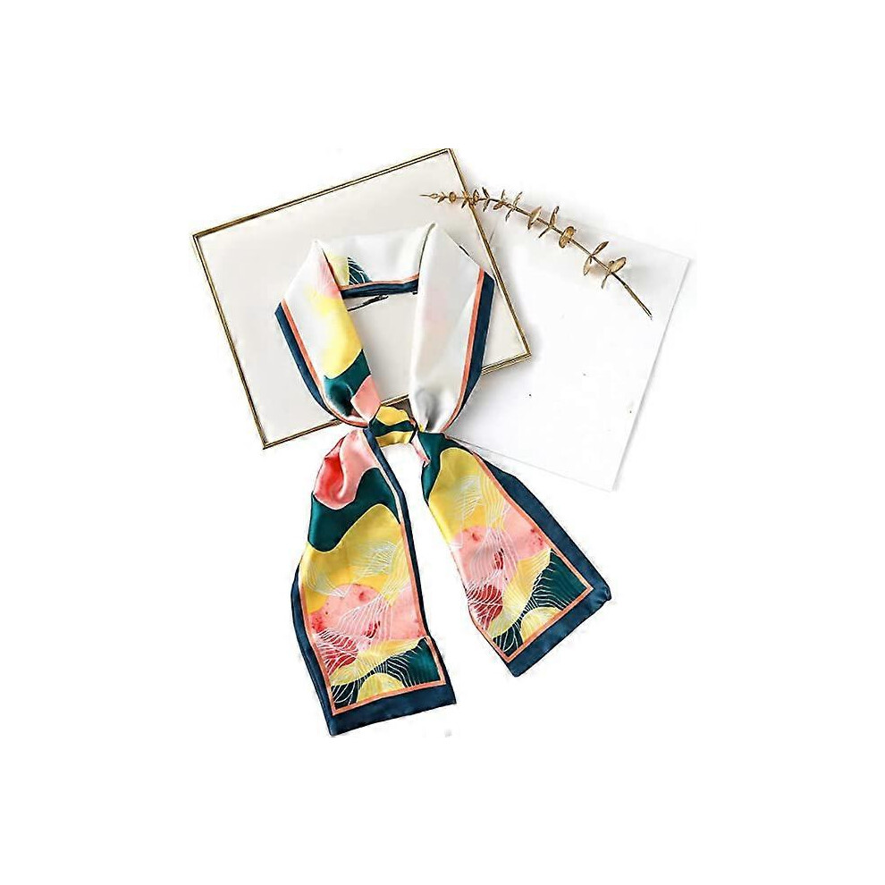 (As show, One size) Pink flower slender simulation scarf, 15 * 145cm women's neck scarf, spring satin top scarf, summer printed scarf, girl gift