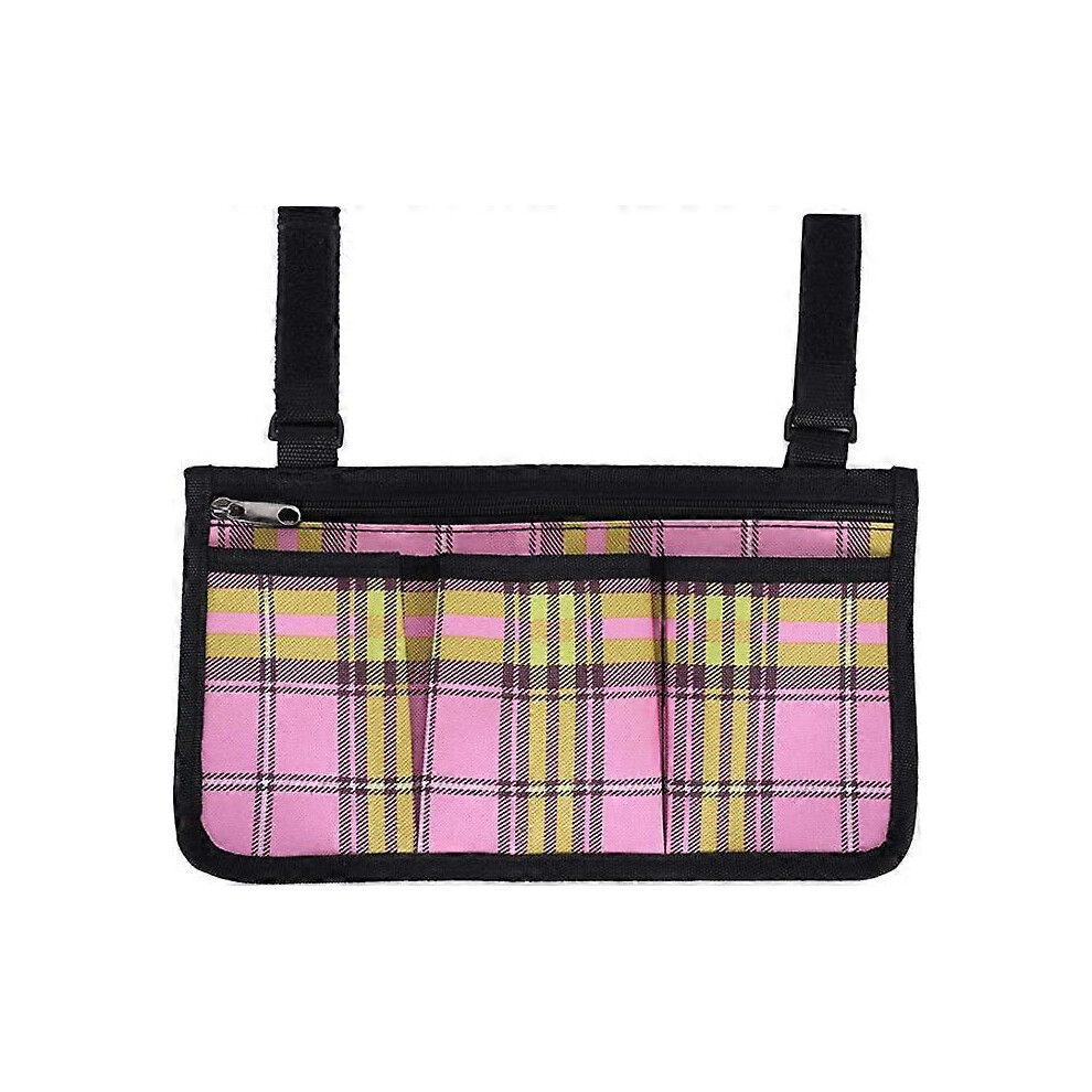 (As show, One size) Wheelchair bag with pockets (red plaid) - electric wheelchair universal waterproof armrest side pocket, mobile scooter, walker, ac