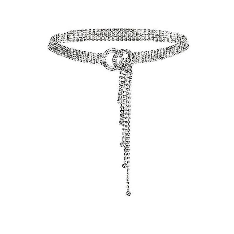 (As show, One size) Double Ring Rhinestone Belt (Silver), Women's Rhinestone Belt O-Ring Chain Belt Dress Crystal Belt