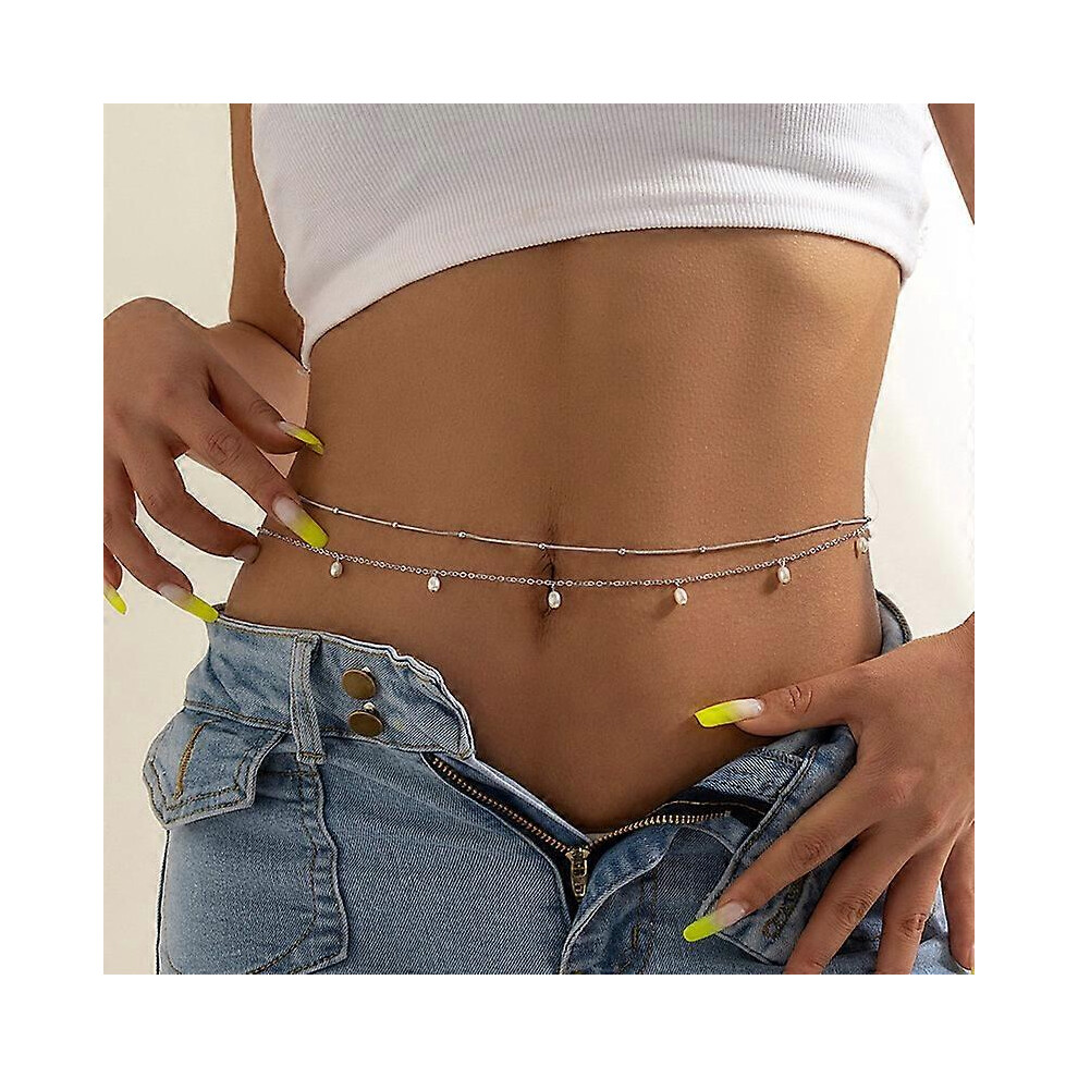 (As show, One size) Double layer pearl waist chain (silver) waist bead belt body jewelry for women and girls, fashionable stacked round bead snake bone chain body chain