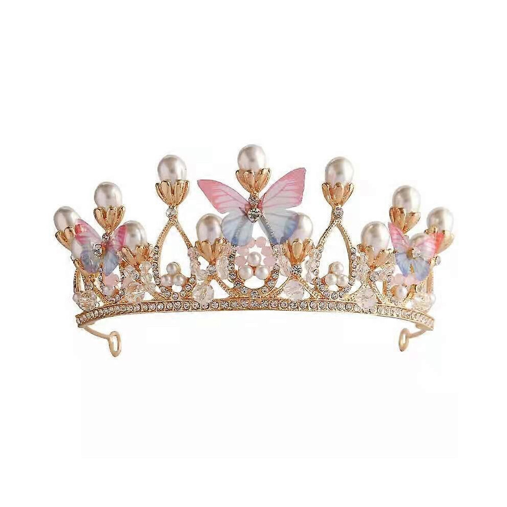 (As show, One size) Girl butterfly pearl crown headwear, crystal children's jewelry, stage performance dress accessories, butterfly crown, banquet